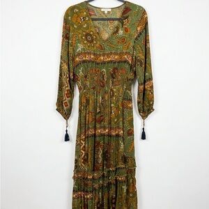 FARM Rio Olive Green Floral Midi Dress with Tassels